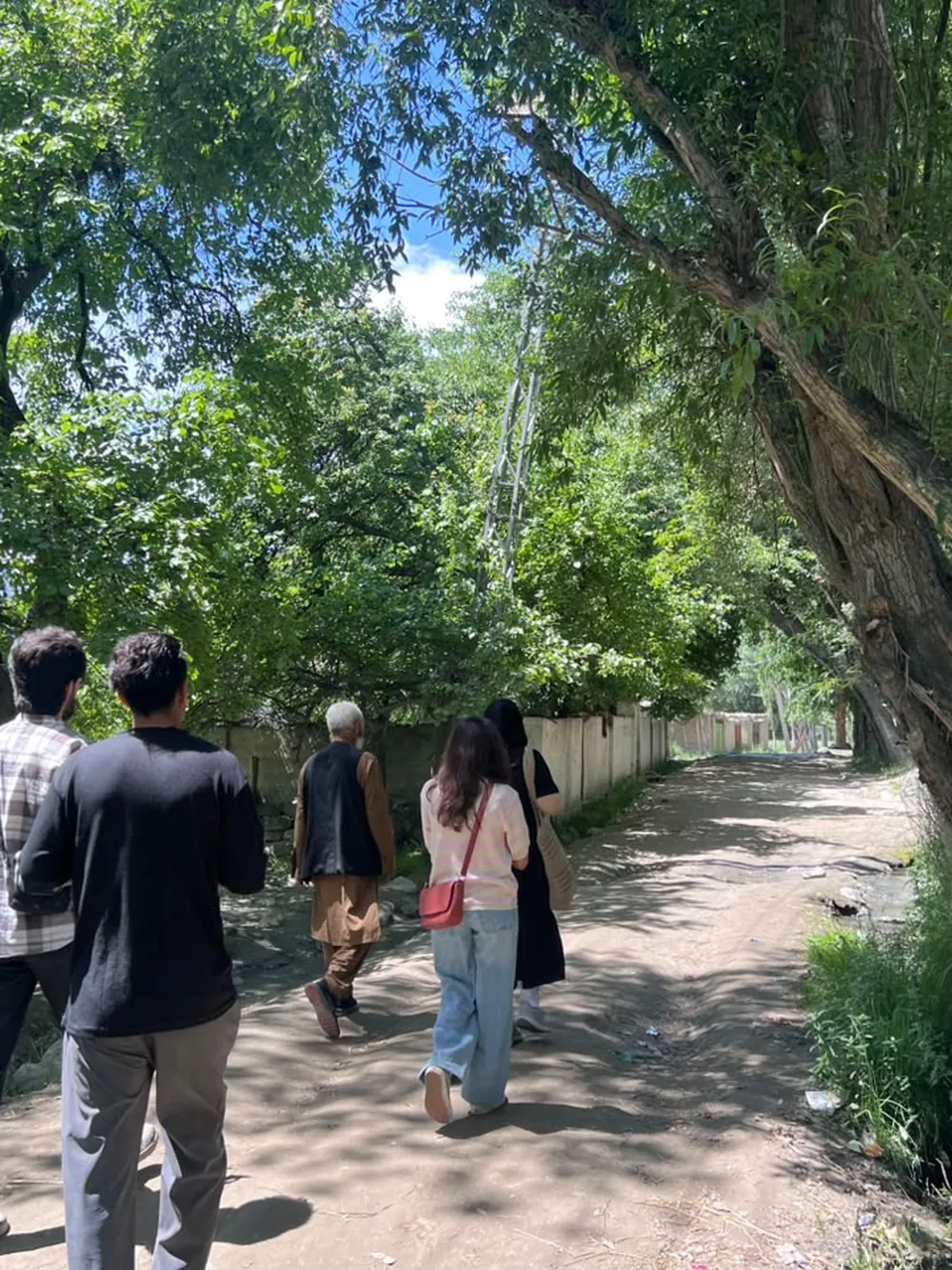 Travellers walking a shaded village path